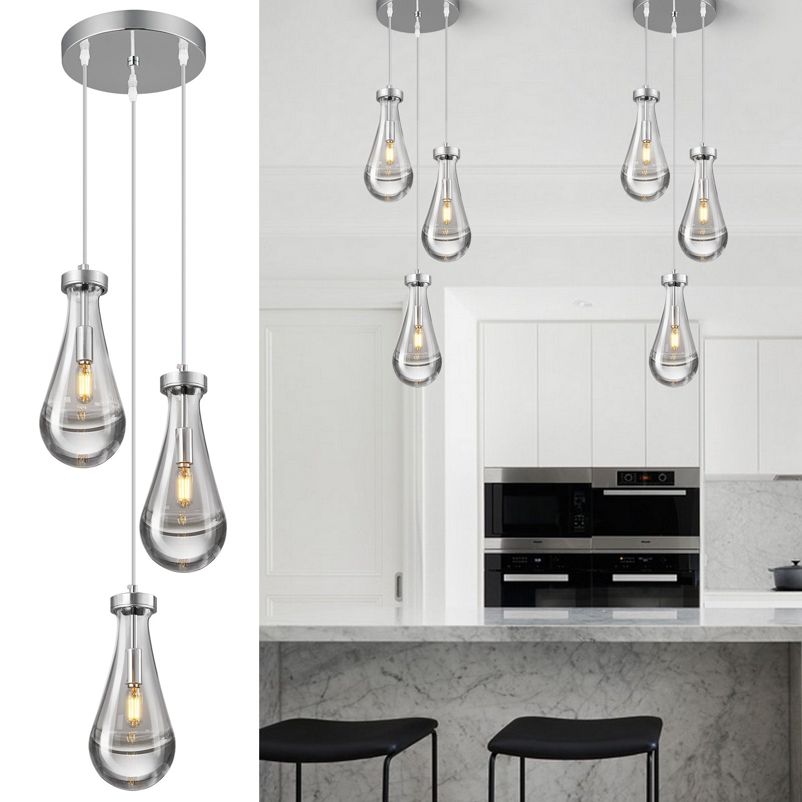 Raindrop Clear Solid Glass Adjustable Suspension Cord Pendant Light