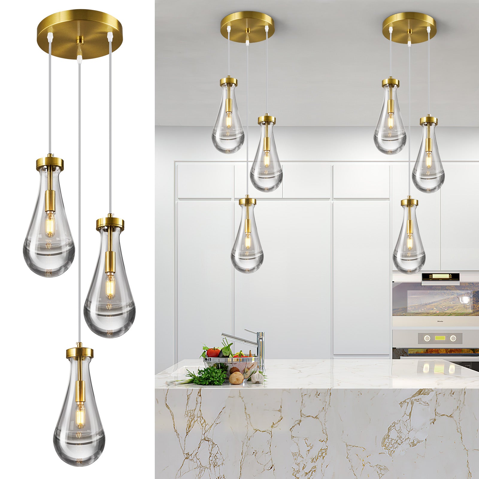 Raindrop Clear Solid Glass Adjustable Suspension Cord Pendant Light