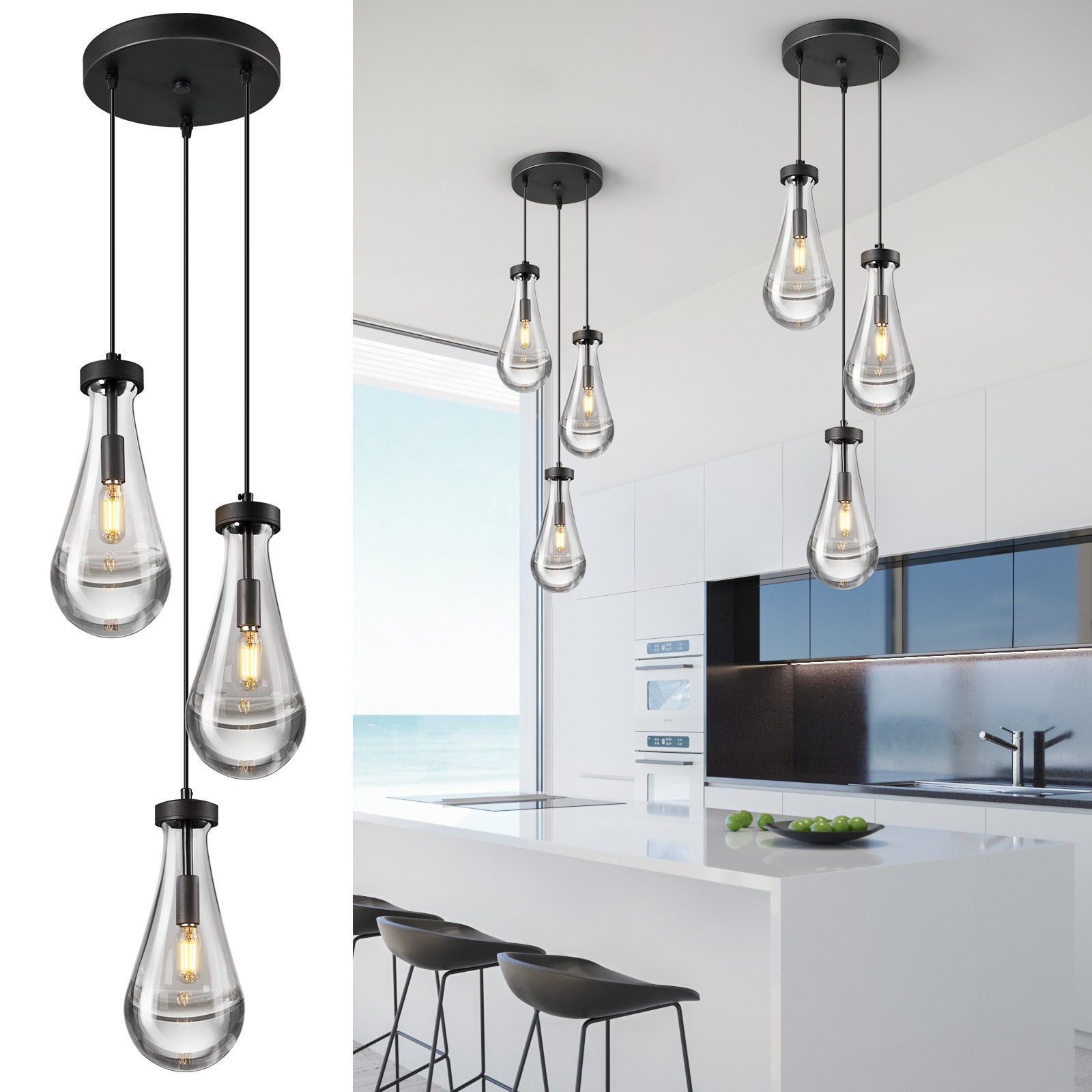 Raindrop Clear Solid Glass Adjustable Suspension Cord Pendant Light