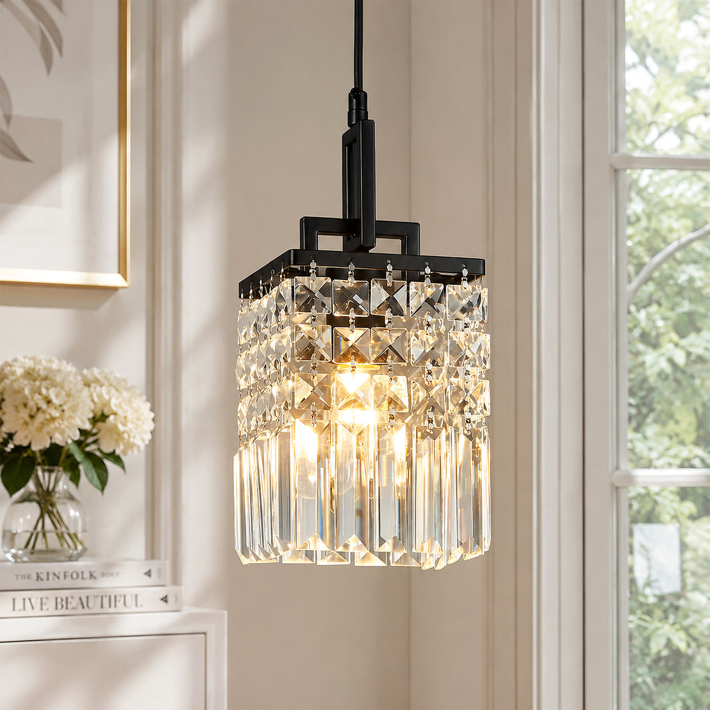 Contemporary Cylinder Prism Square Frame Crystal Pendant Light