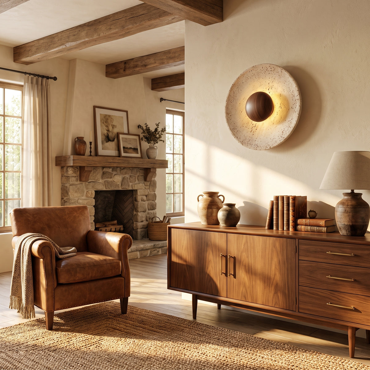 Wabi Sabi Disc-shaped Travertine Wall Sconce