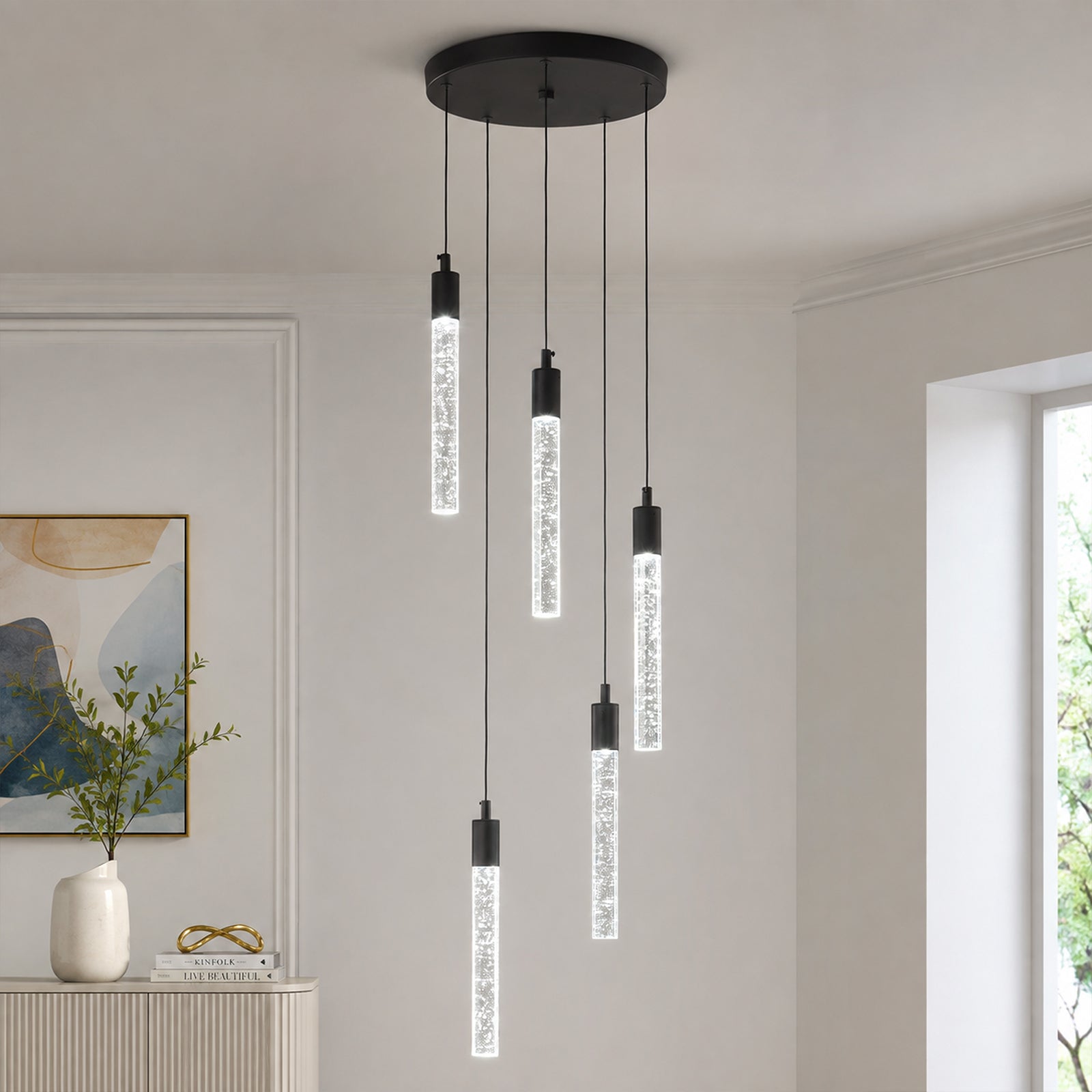 Modern Cylinder Bubble Linear Hanging Crystal LED Pendant Light