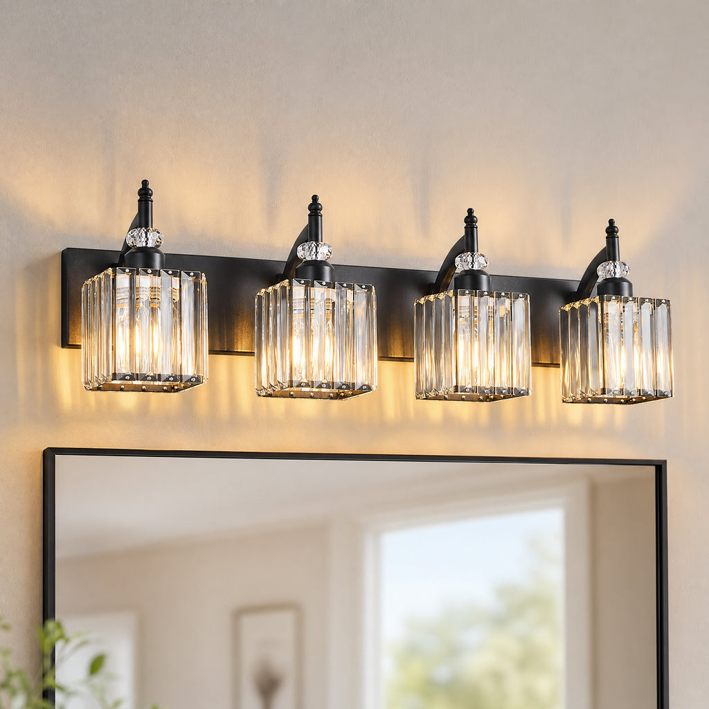 Transitional Luxury Square Prism Fluted Crystal Bathroom Vanity Light