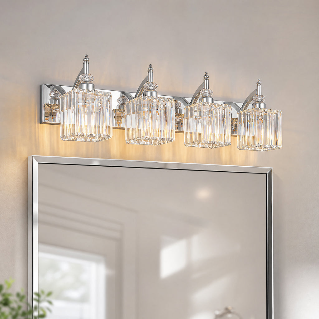 Transitional Luxury Square Prism Fluted Crystal Bathroom Vanity Light