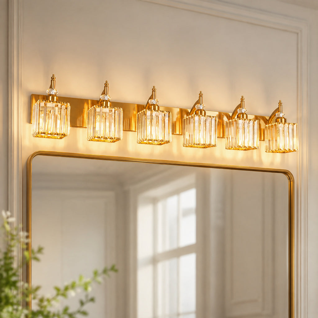 Transitional Luxury Square Prism Fluted Crystal Bathroom Vanity Light