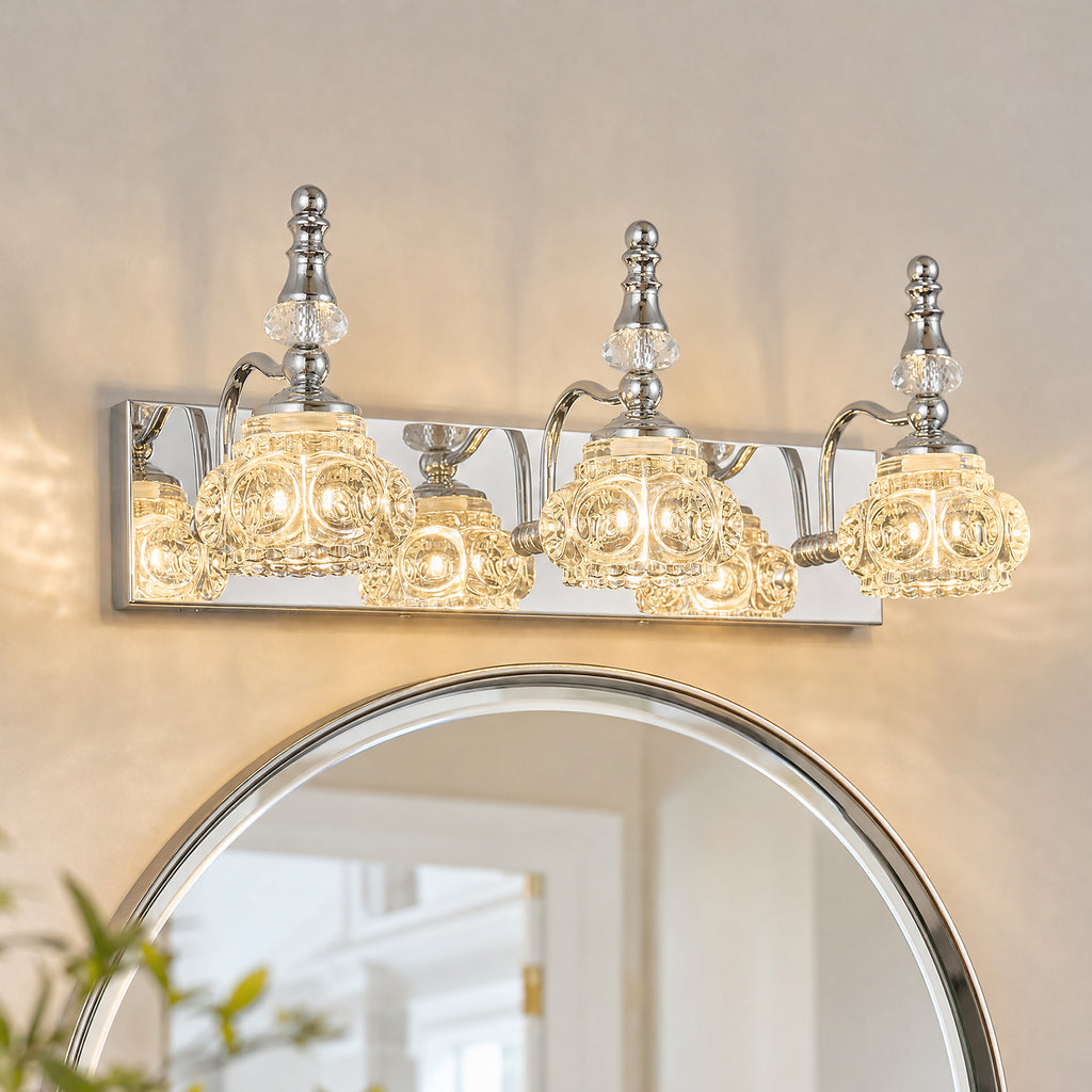 Vintage Embossed Textured Glass Curved Metal Arm Bathroom Vanity Light