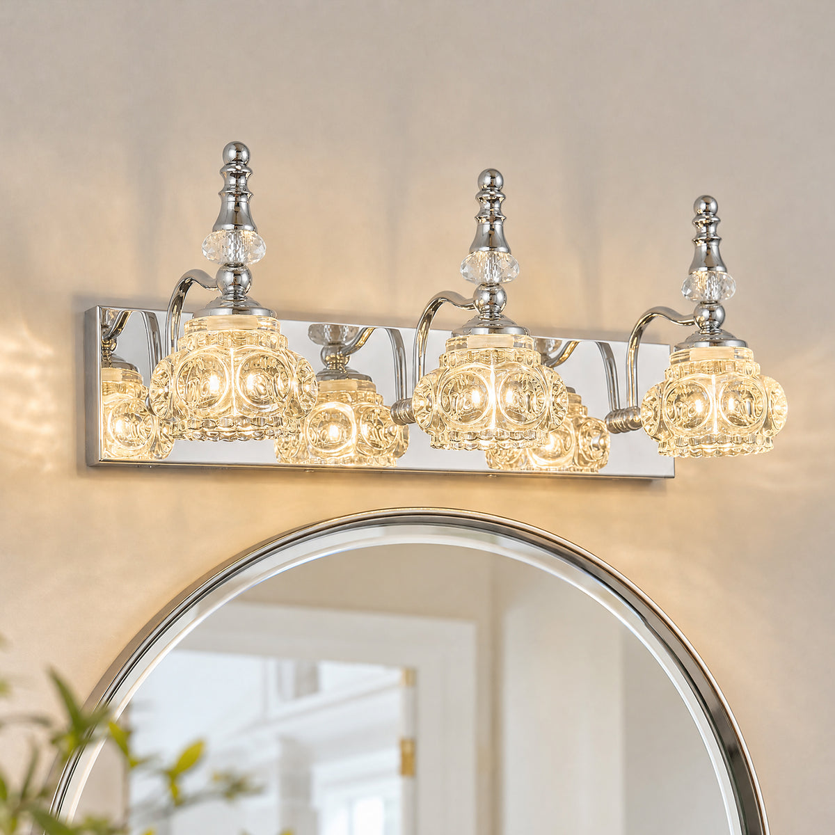 Vintage Embossed Textured Glass Curved Metal Arm Bathroom Vanity Light