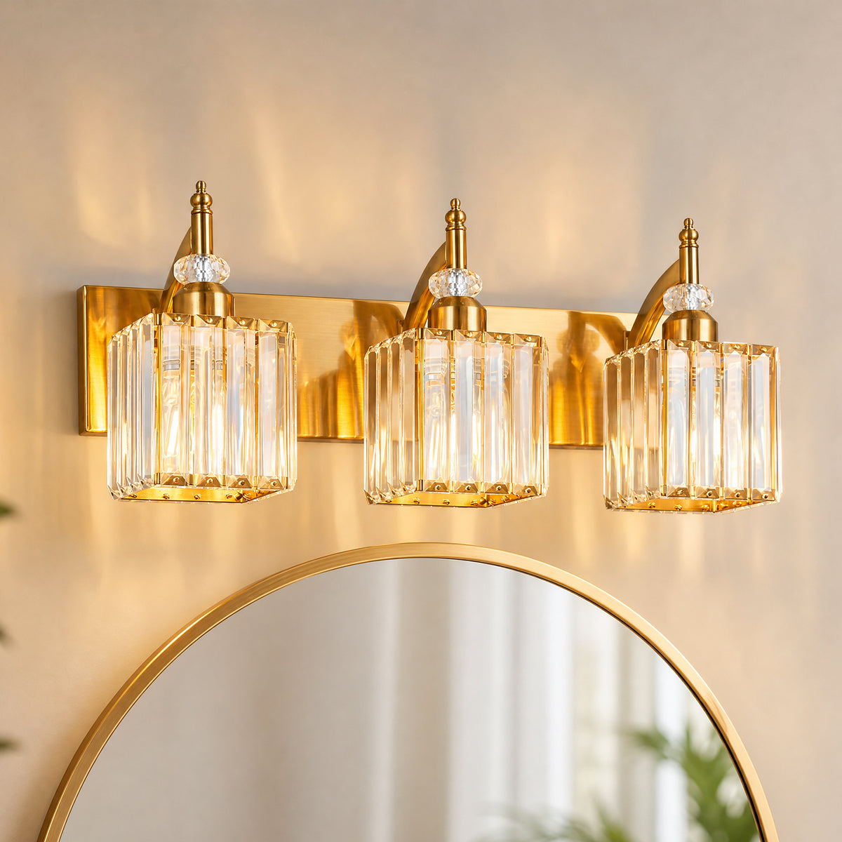 Transitional Luxury Square Prism Fluted Crystal Bathroom Vanity Light