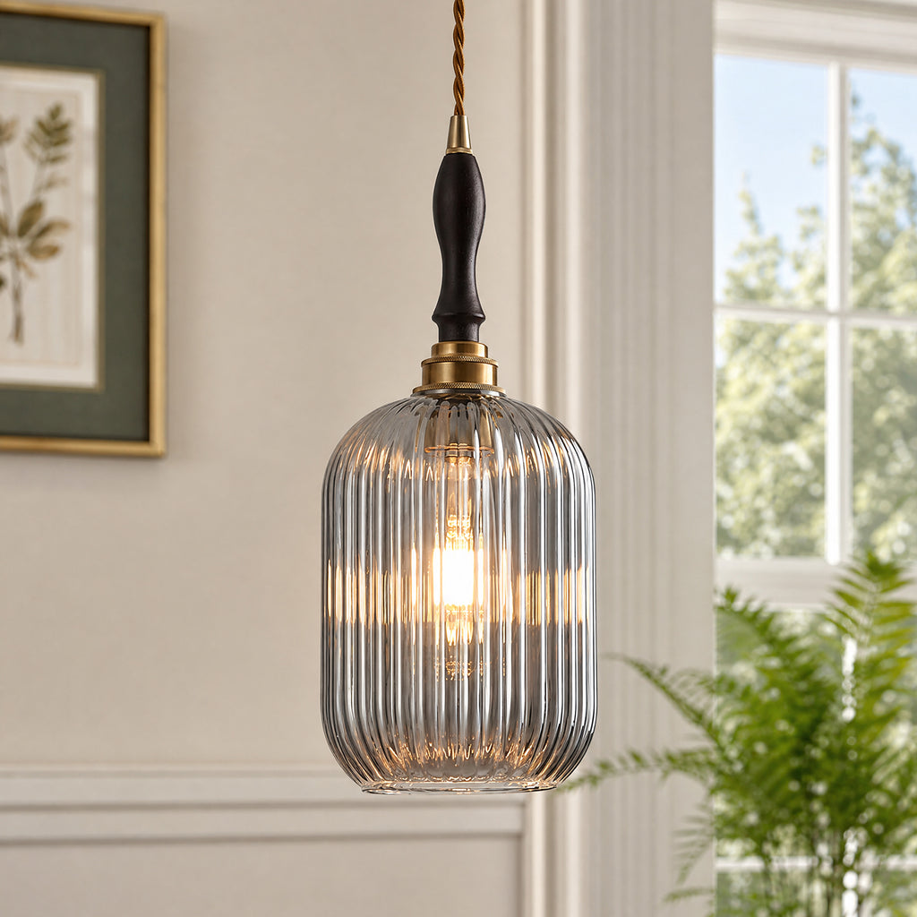 Retro Vertical Fluted Glass Hanging Pendant Light with Wood and Brass Details