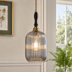 Retro Vertical Fluted Glass Hanging Pendant Light with Wood and Brass Details