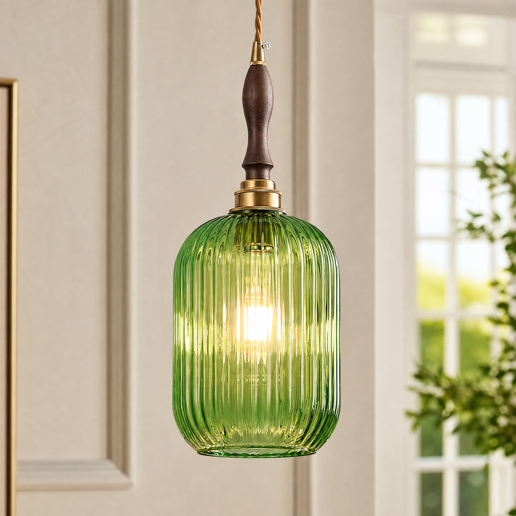 Retro Vertical Fluted Glass Hanging Pendant Light with Wood and Brass Details