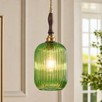 Retro Vertical Fluted Glass Hanging Pendant Light with Wood and Brass Details