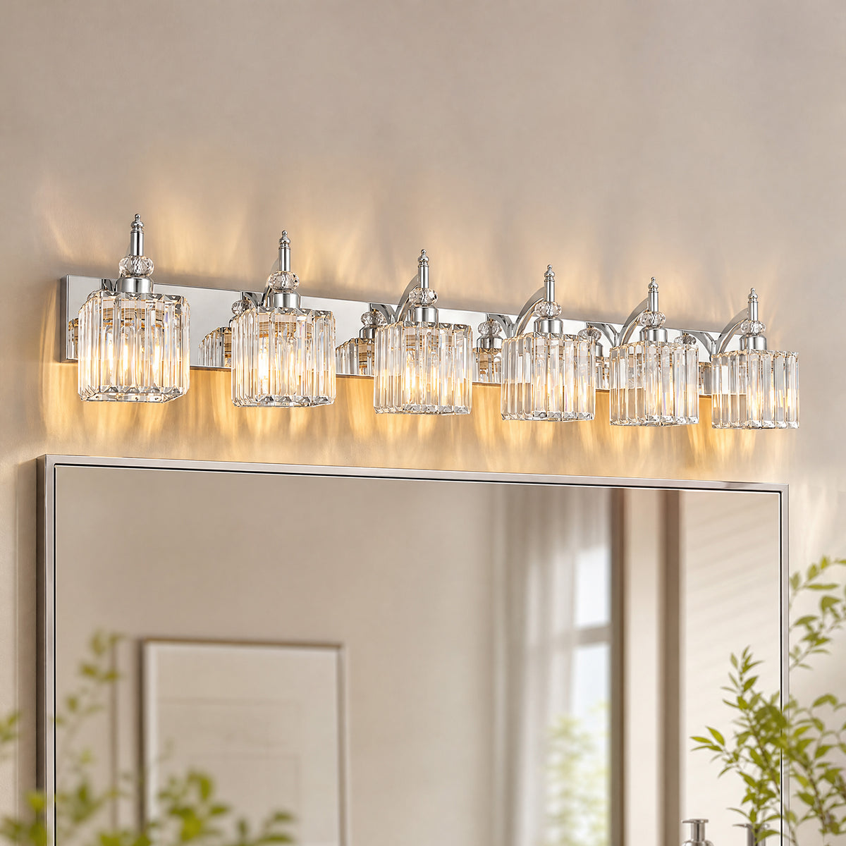 Transitional Luxury Square Prism Fluted Crystal Bathroom Vanity Light