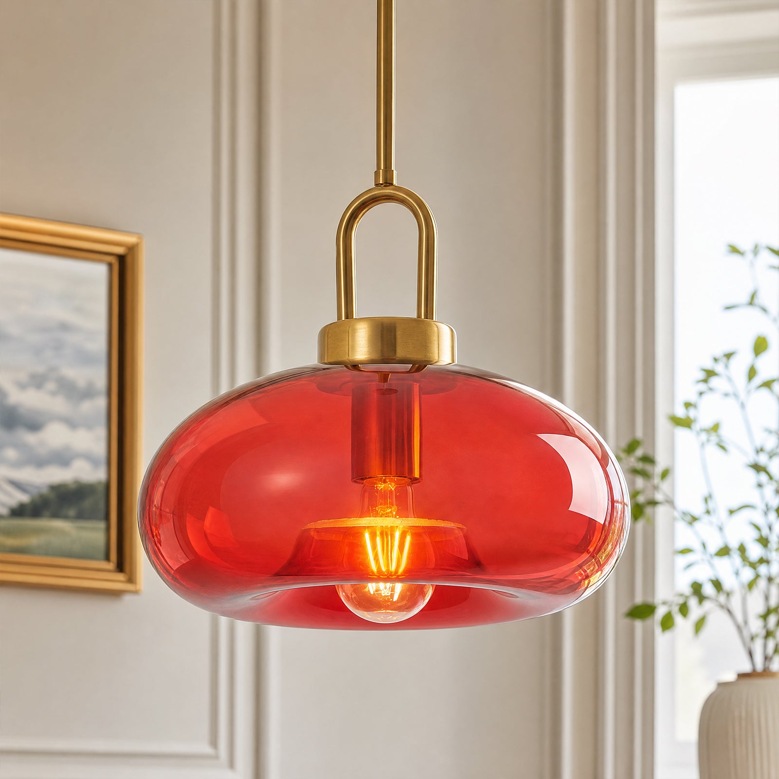 Minimalist Oval Shaped Glass Pendant Light with U-shaped Brass Handle