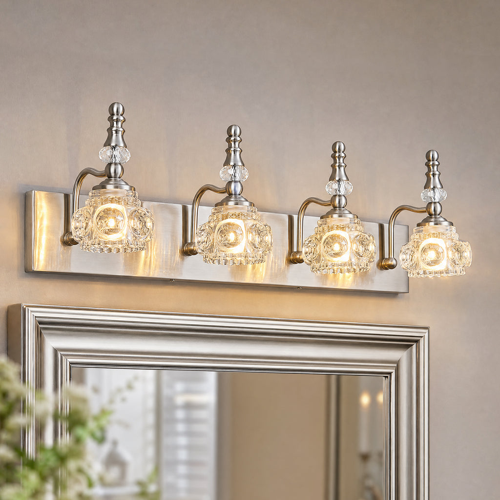 Vintage Embossed Textured Glass Curved Metal Arm Bathroom Vanity Light