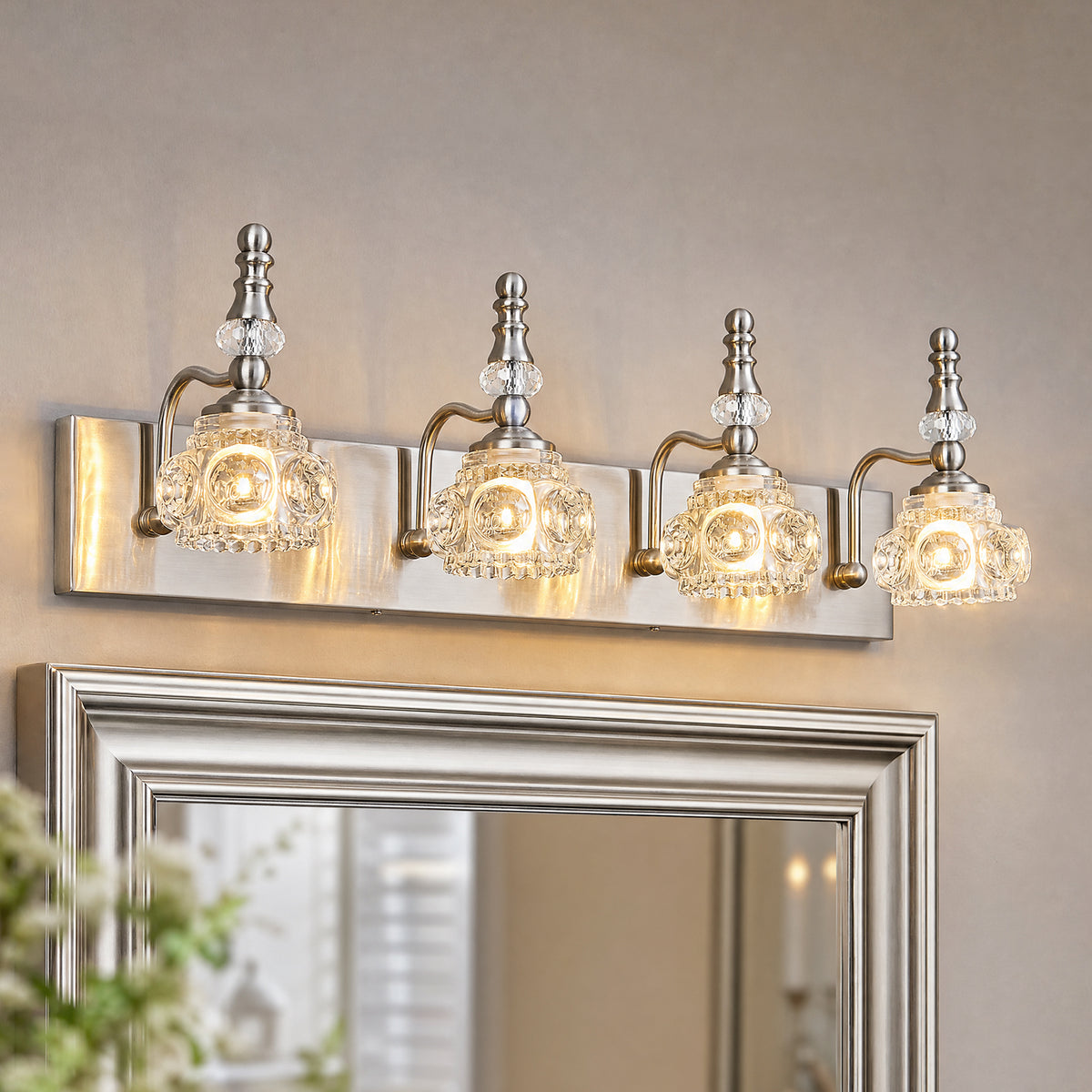 Vintage Embossed Textured Glass Curved Metal Arm Bathroom Vanity Light