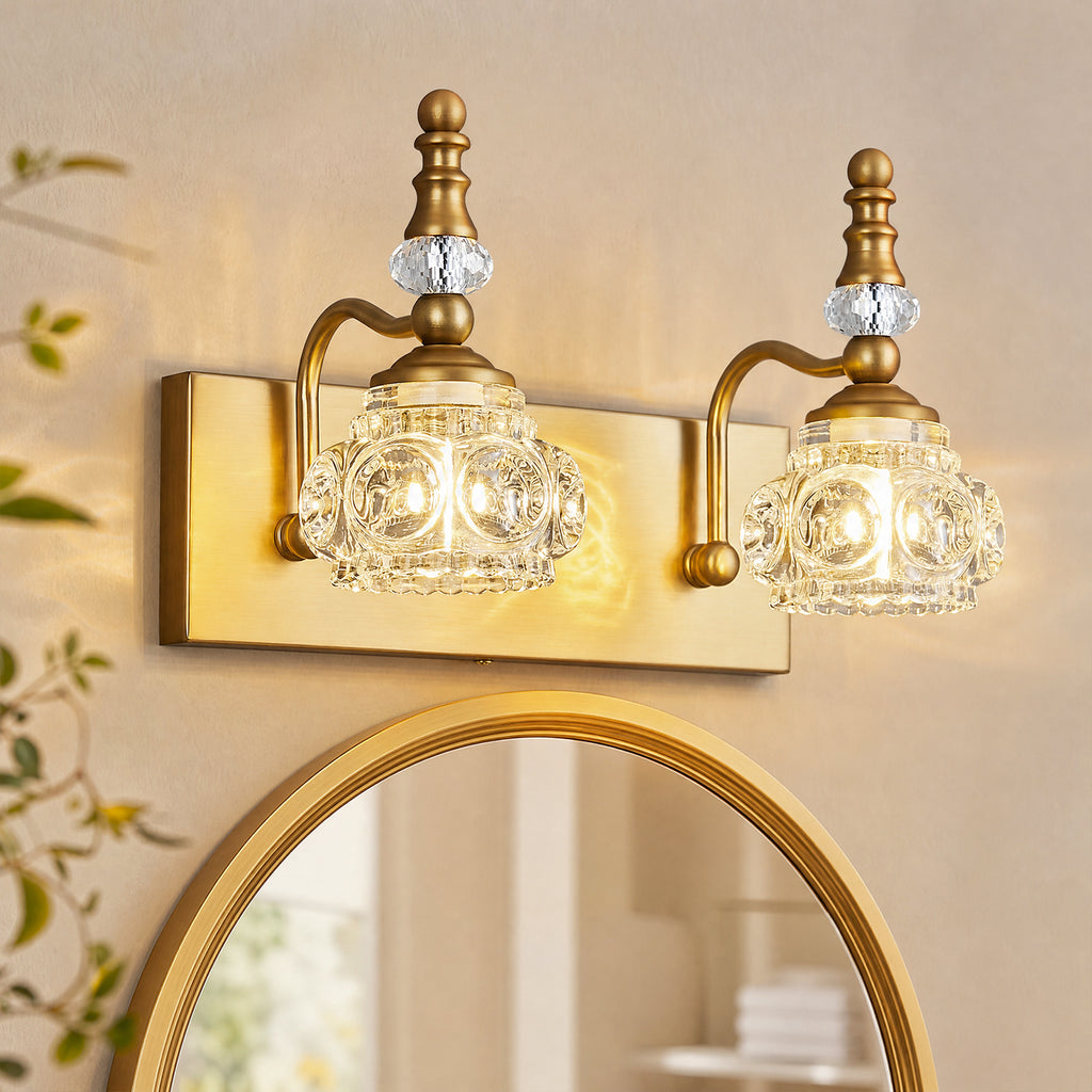 Vintage Embossed Textured Glass Curved Metal Arm Bathroom Vanity Light