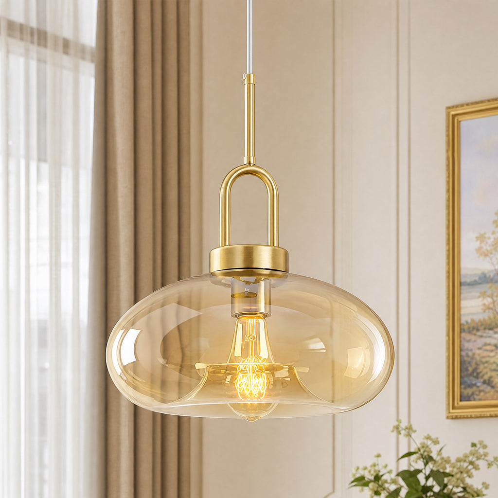 Minimalist Oval Shaped Glass Pendant Light with U-shaped Brass Handle