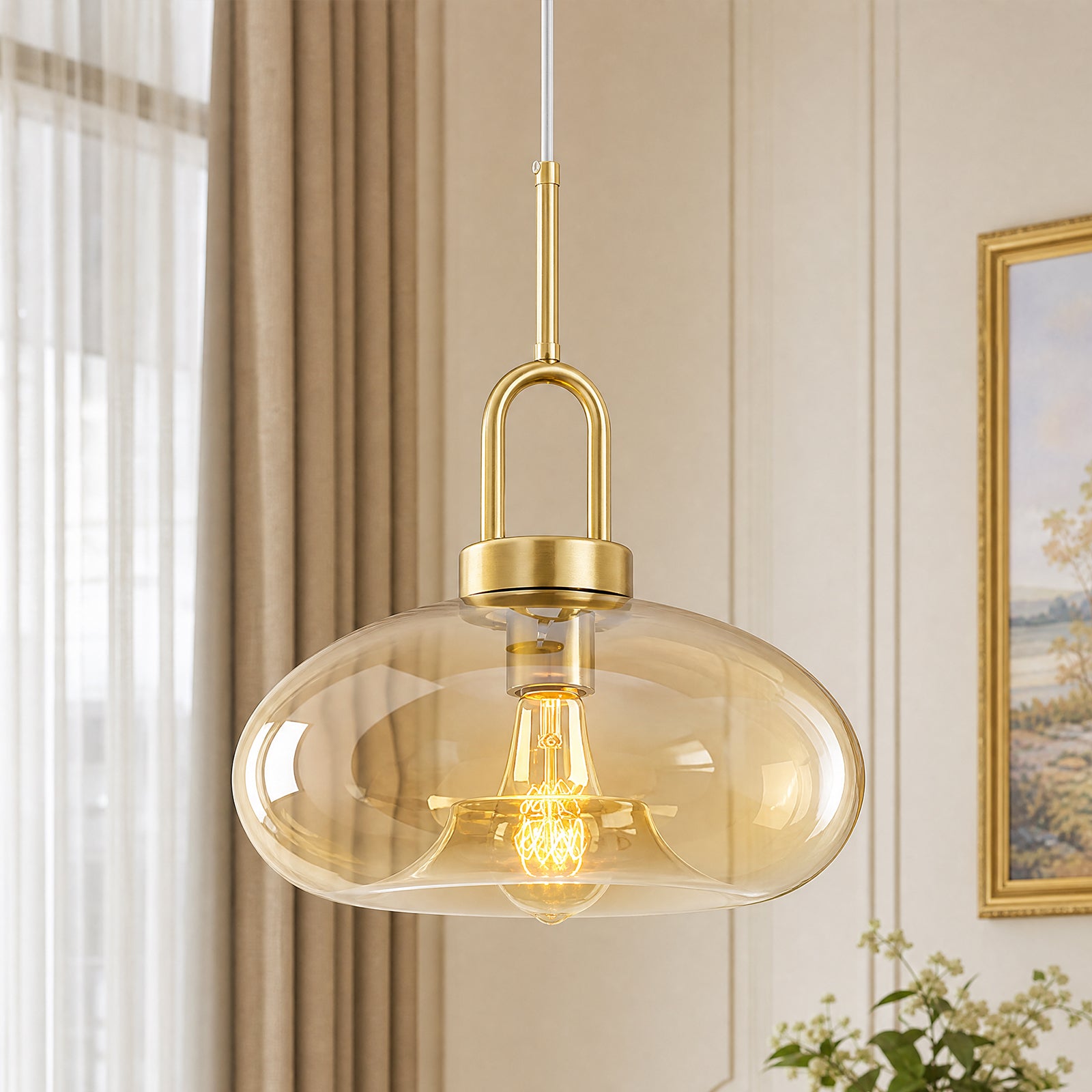 Minimalist Oval Shaped Glass Pendant Light with U-shaped Brass Handle