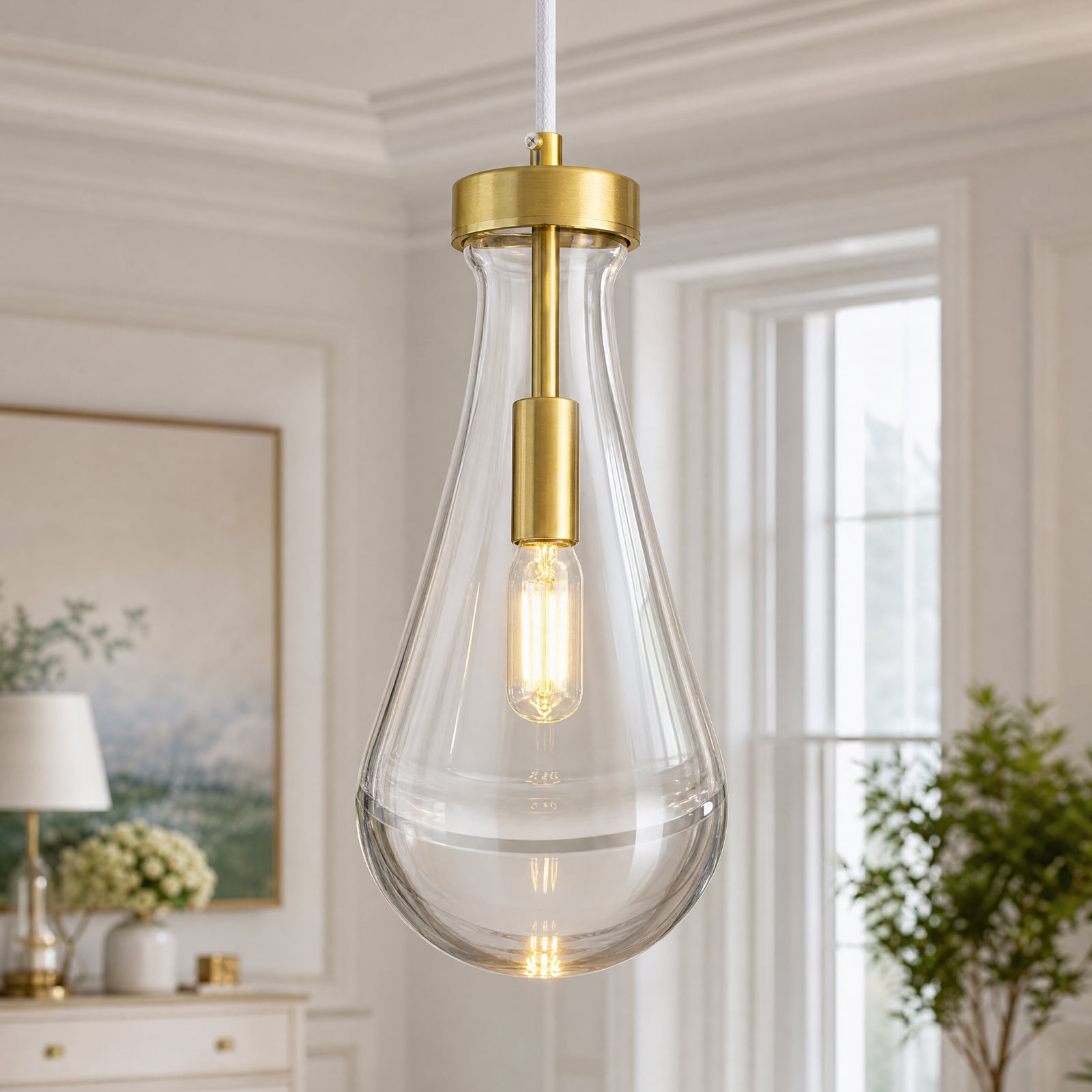 Raindrop Clear Solid Glass Adjustable Suspension Cord Pendant Light