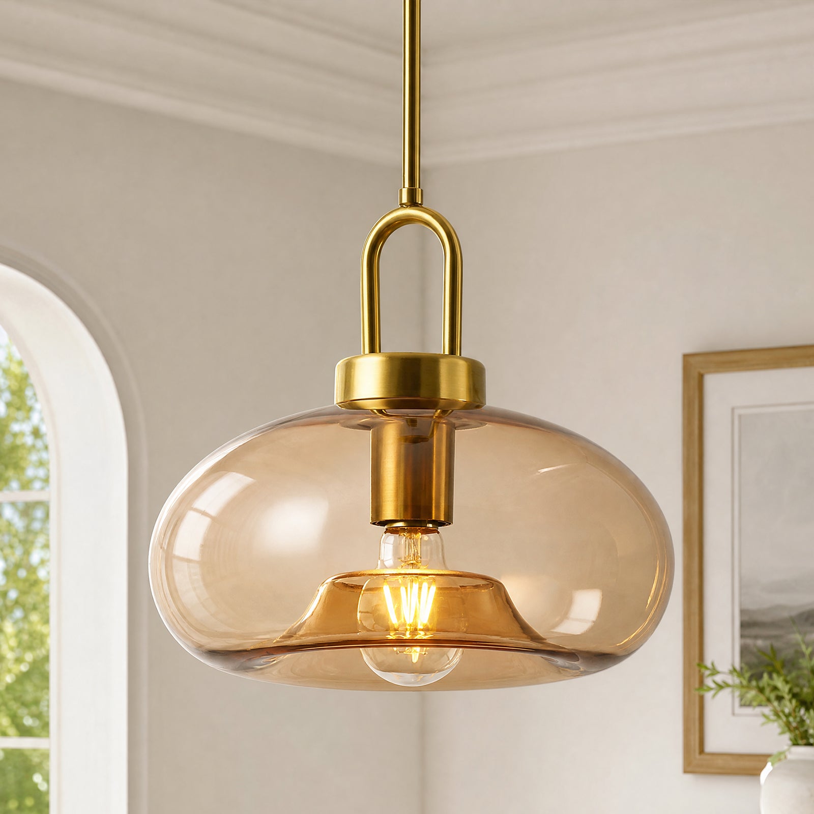 Minimalist Oval Shaped Glass Pendant Light with U-shaped Brass Handle
