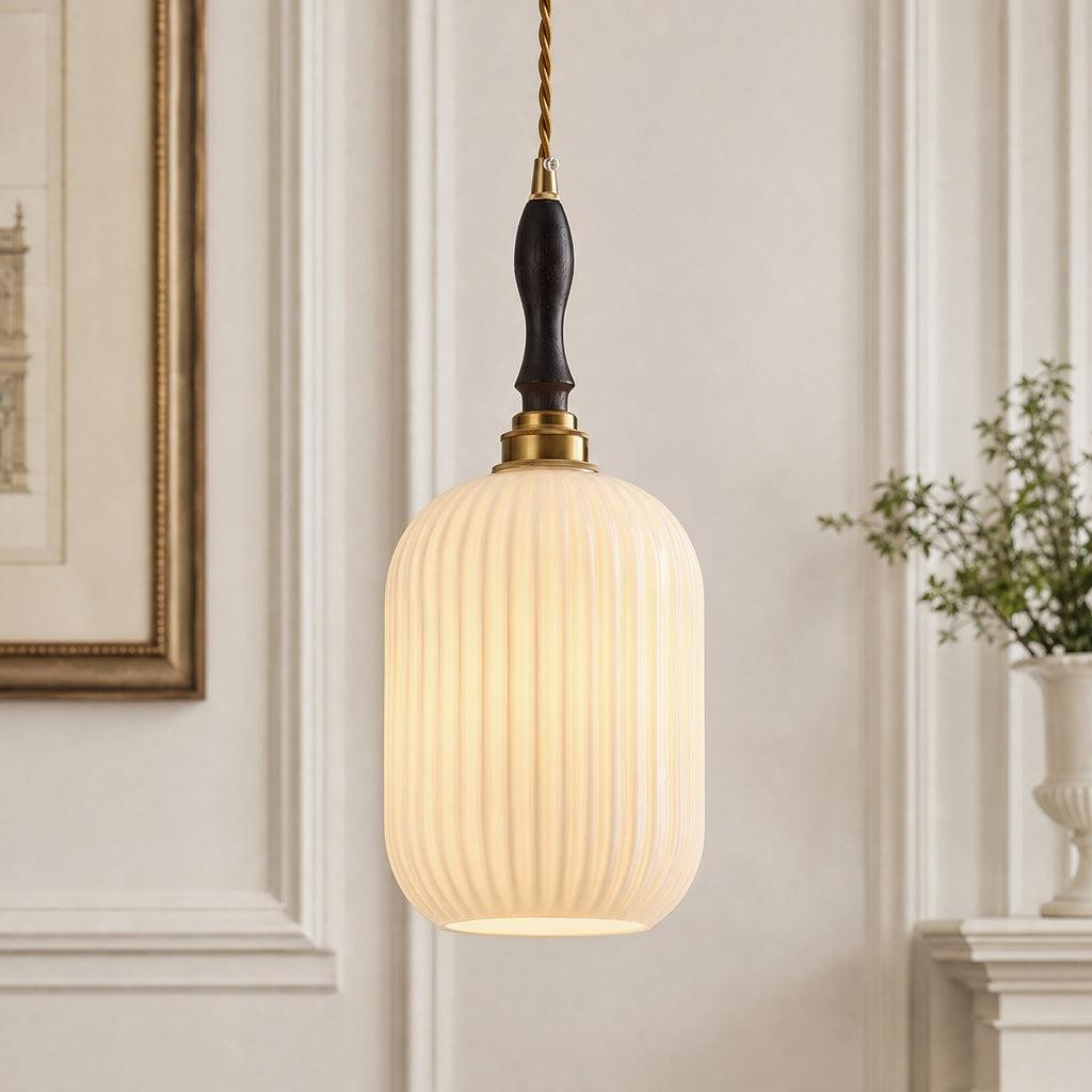 Retro Vertical Fluted Glass Hanging Pendant Light with Wood and Brass Details