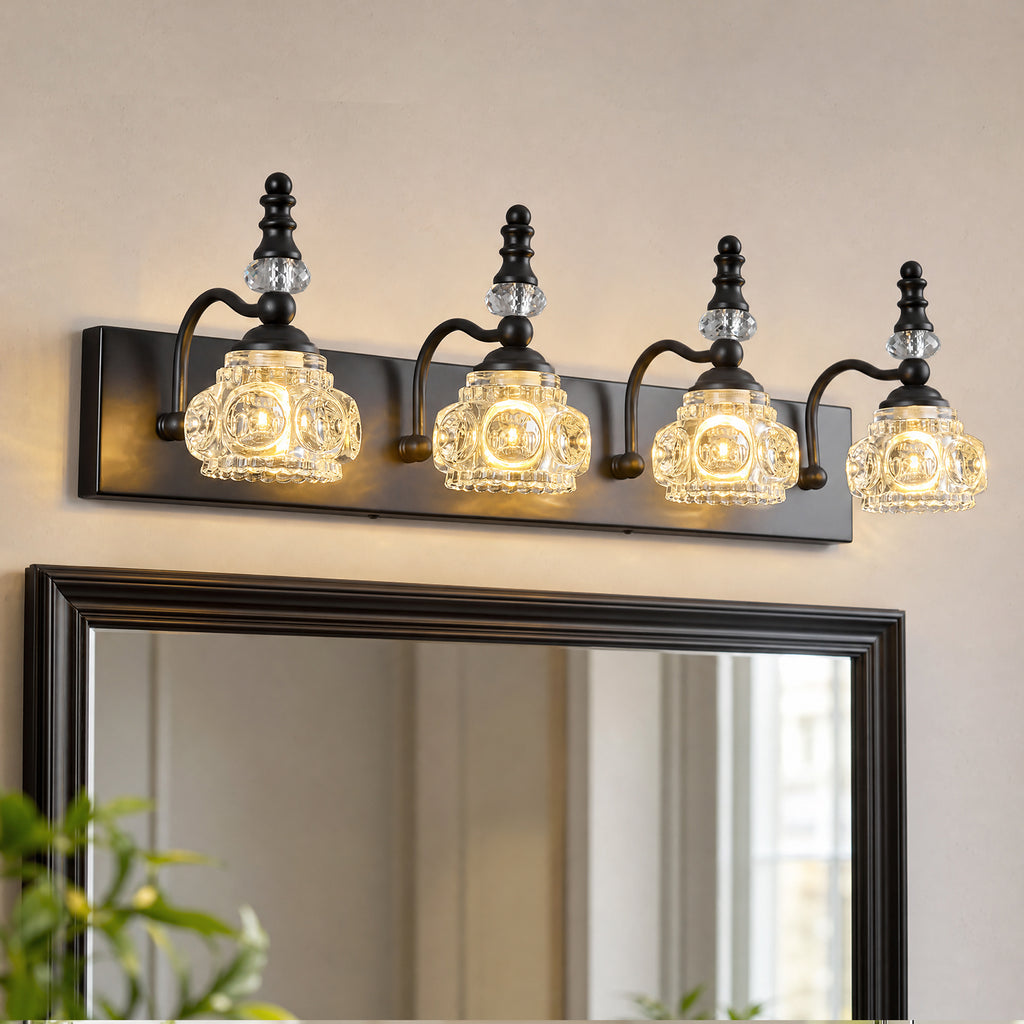 Vintage Embossed Textured Glass Curved Metal Arm Bathroom Vanity Light