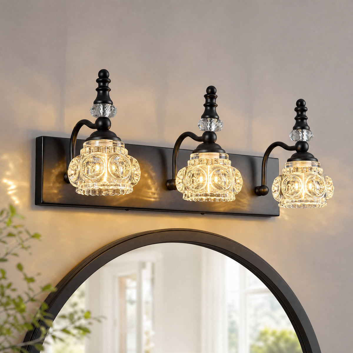 Vintage Embossed Textured Glass Curved Metal Arm Bathroom Vanity Light