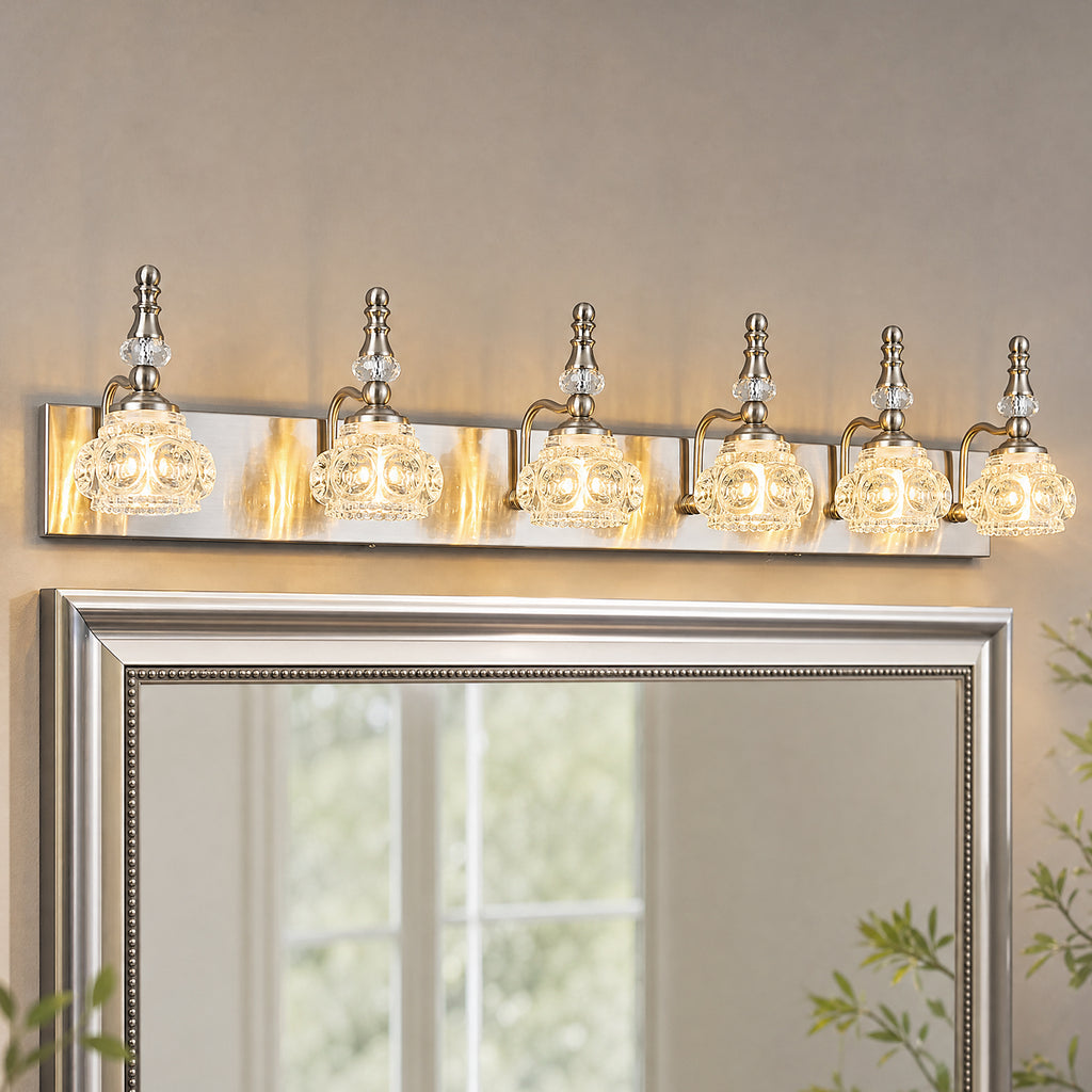 Vintage Embossed Textured Glass Curved Metal Arm Bathroom Vanity Light