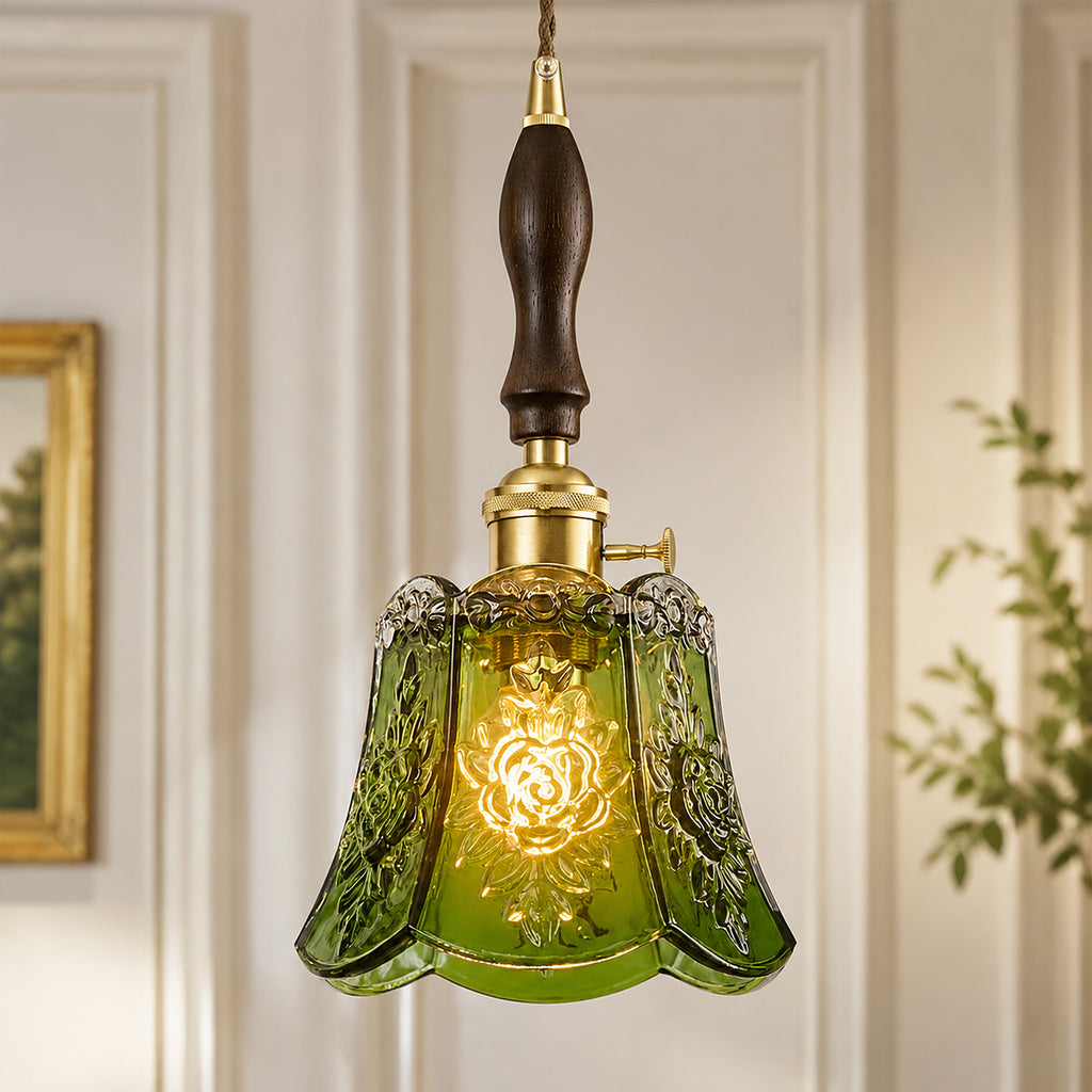 French Country Embossed Rose Floral Glass Pendant Light