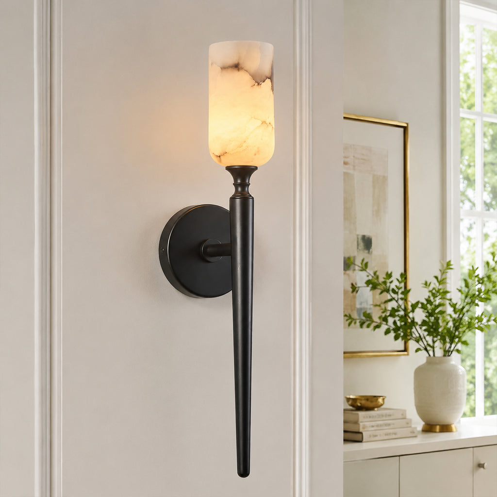 Modern Transitional Candle-Shaped Natural Alabaster Stone Wall Sconce