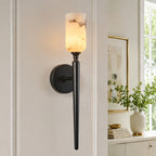 Modern Transitional Candle-Shaped Natural Alabaster Stone Wall Sconce
