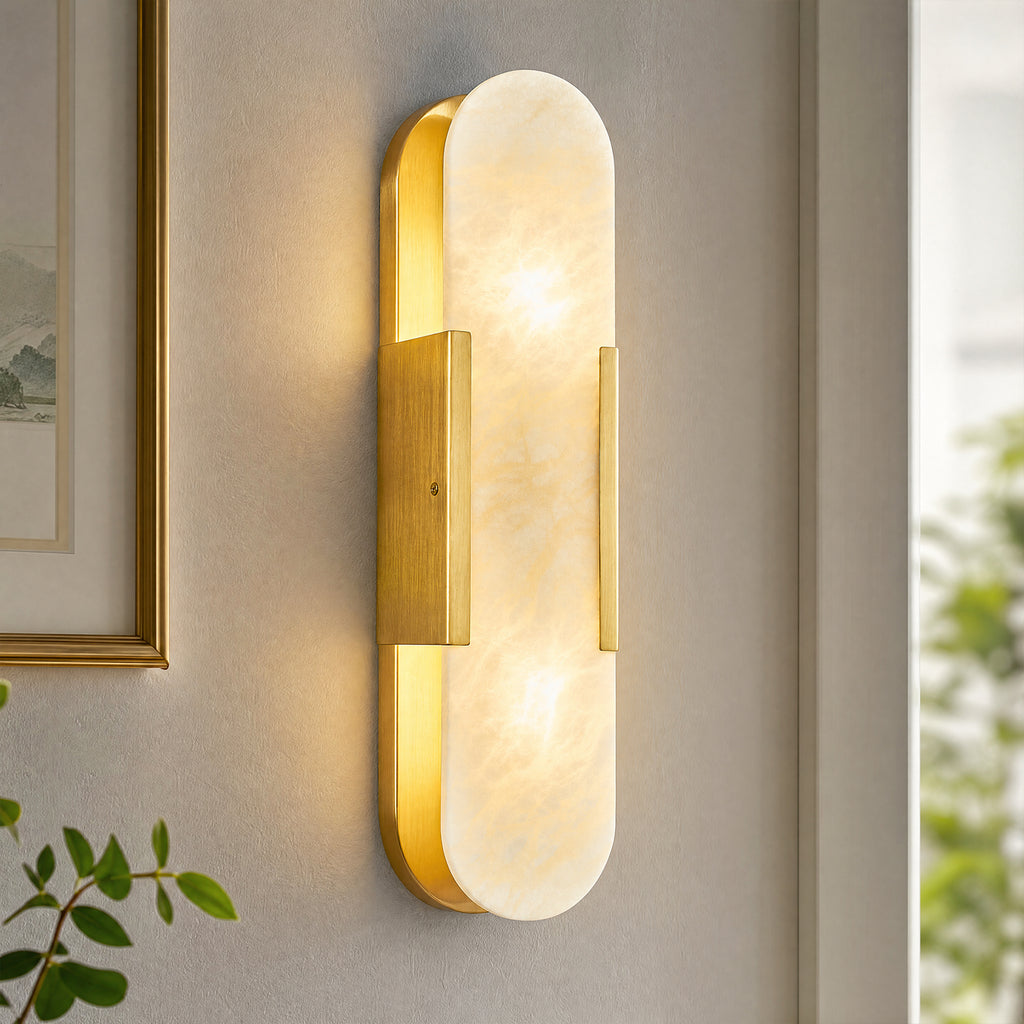 Minimal Luxury Elongated Oval Natural Alabaster Stone Wall Sconce
