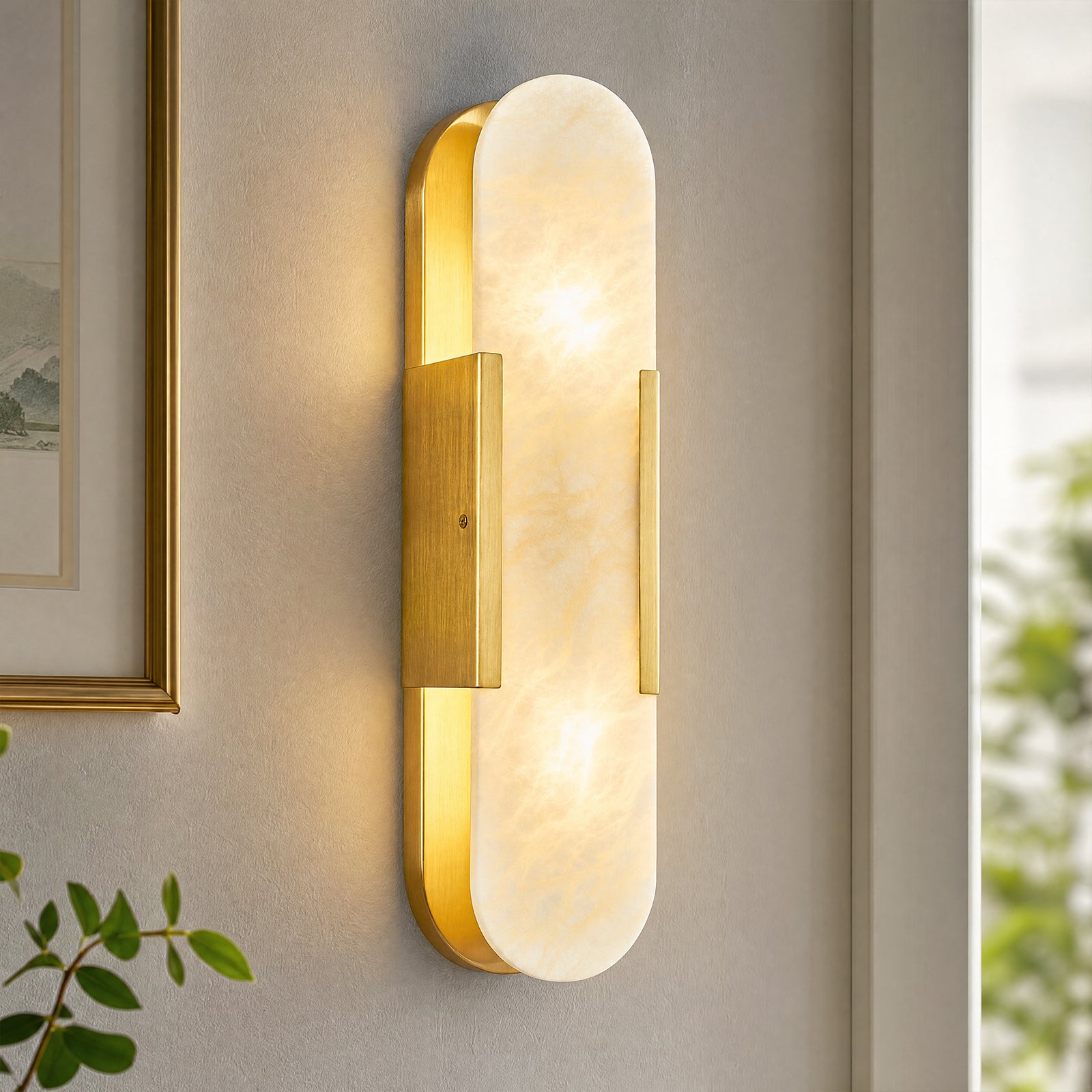 Minimal Luxury Elongated Oval Natural Alabaster Stone Wall Sconce