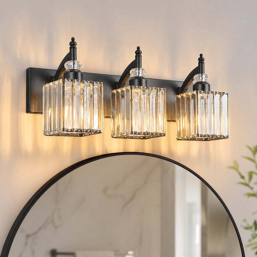 Transitional Luxury Square Prism Fluted Crystal Bathroom Vanity Light