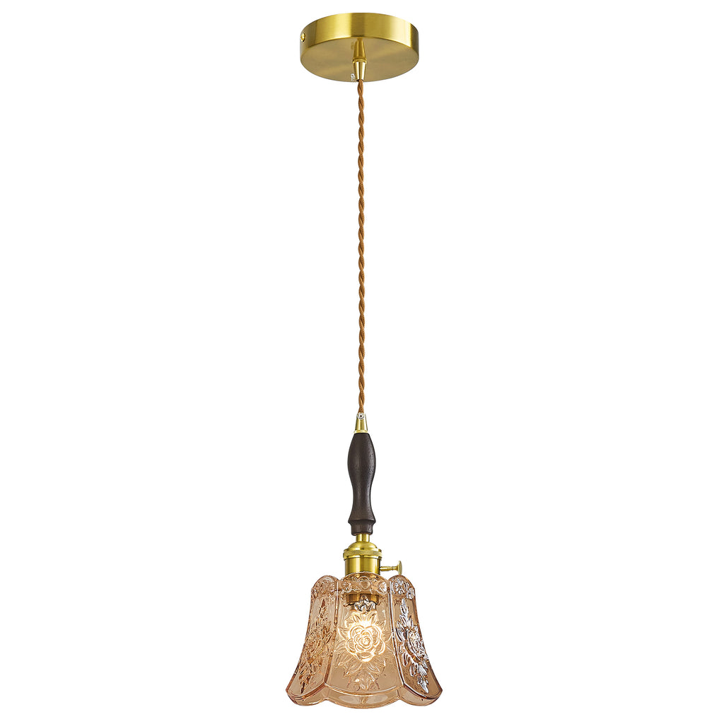 French Country Embossed Rose Floral Glass Pendant Light