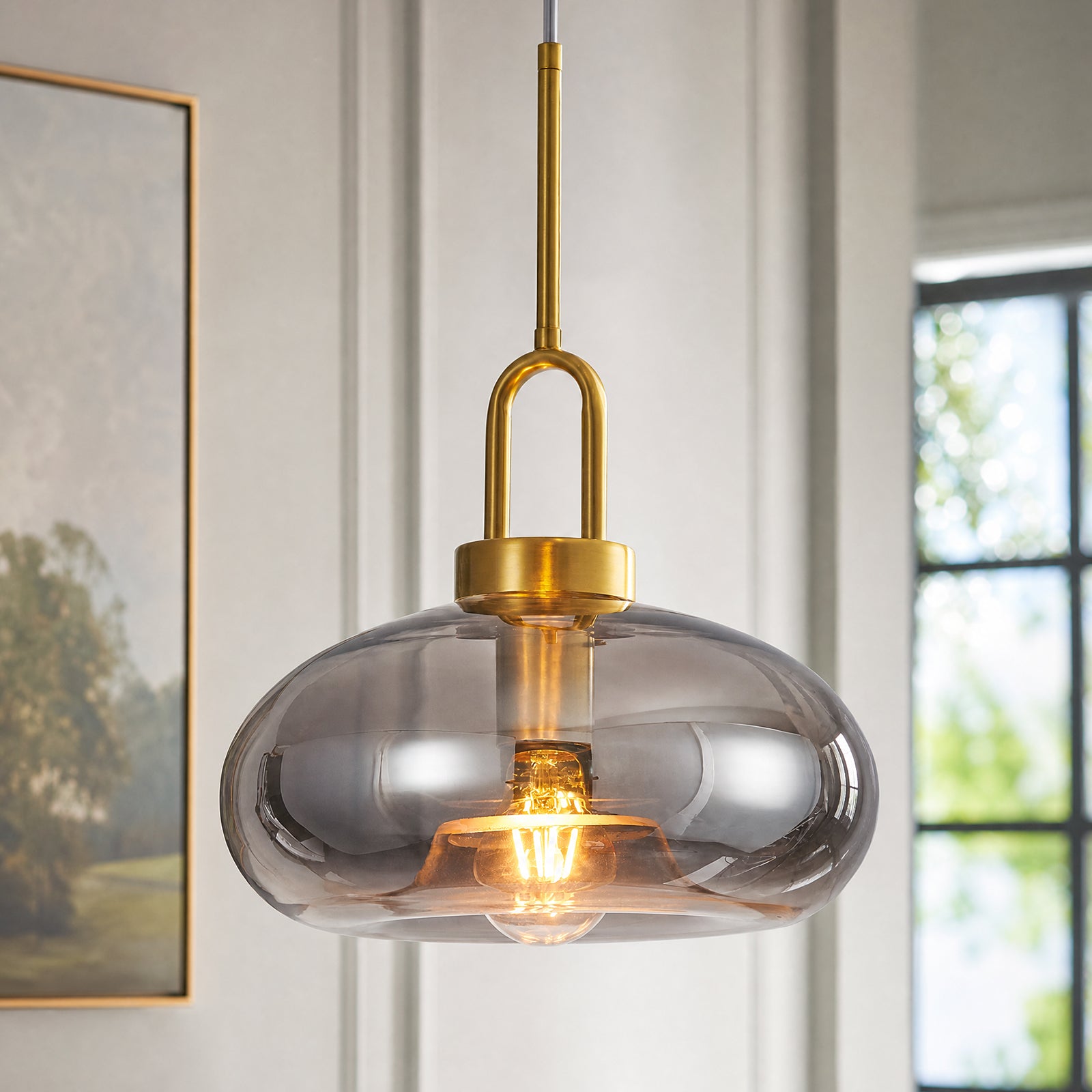 Minimalist Oval Shaped Glass Pendant Light with U-shaped Brass Handle