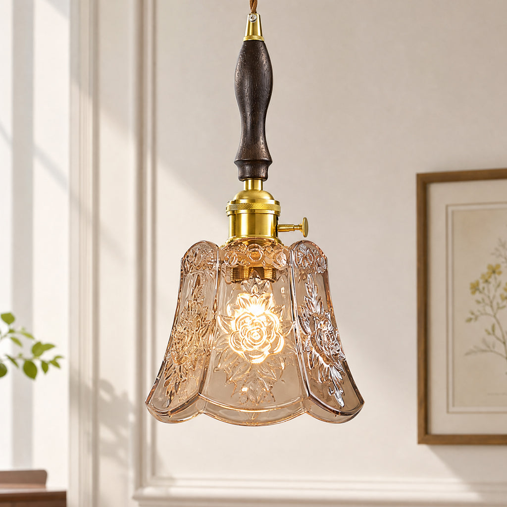 French Country Embossed Rose Floral Glass Pendant Light