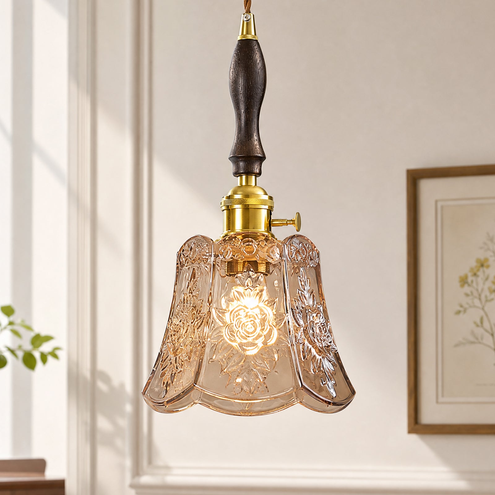 French Country Embossed Rose Floral Glass Pendant Light