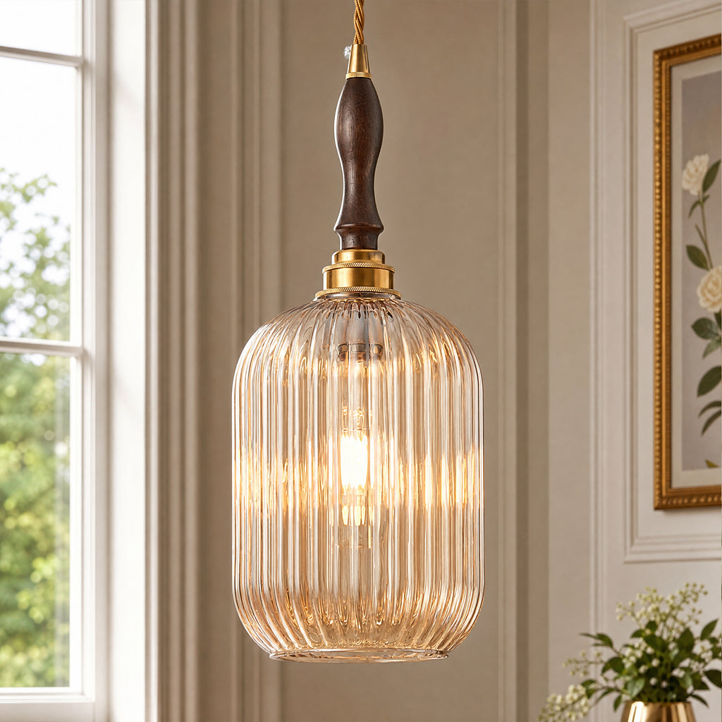 Retro Vertical Fluted Glass Hanging Pendant Light with Wood and Brass Details