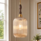 Retro Vertical Fluted Glass Hanging Pendant Light with Wood and Brass Details