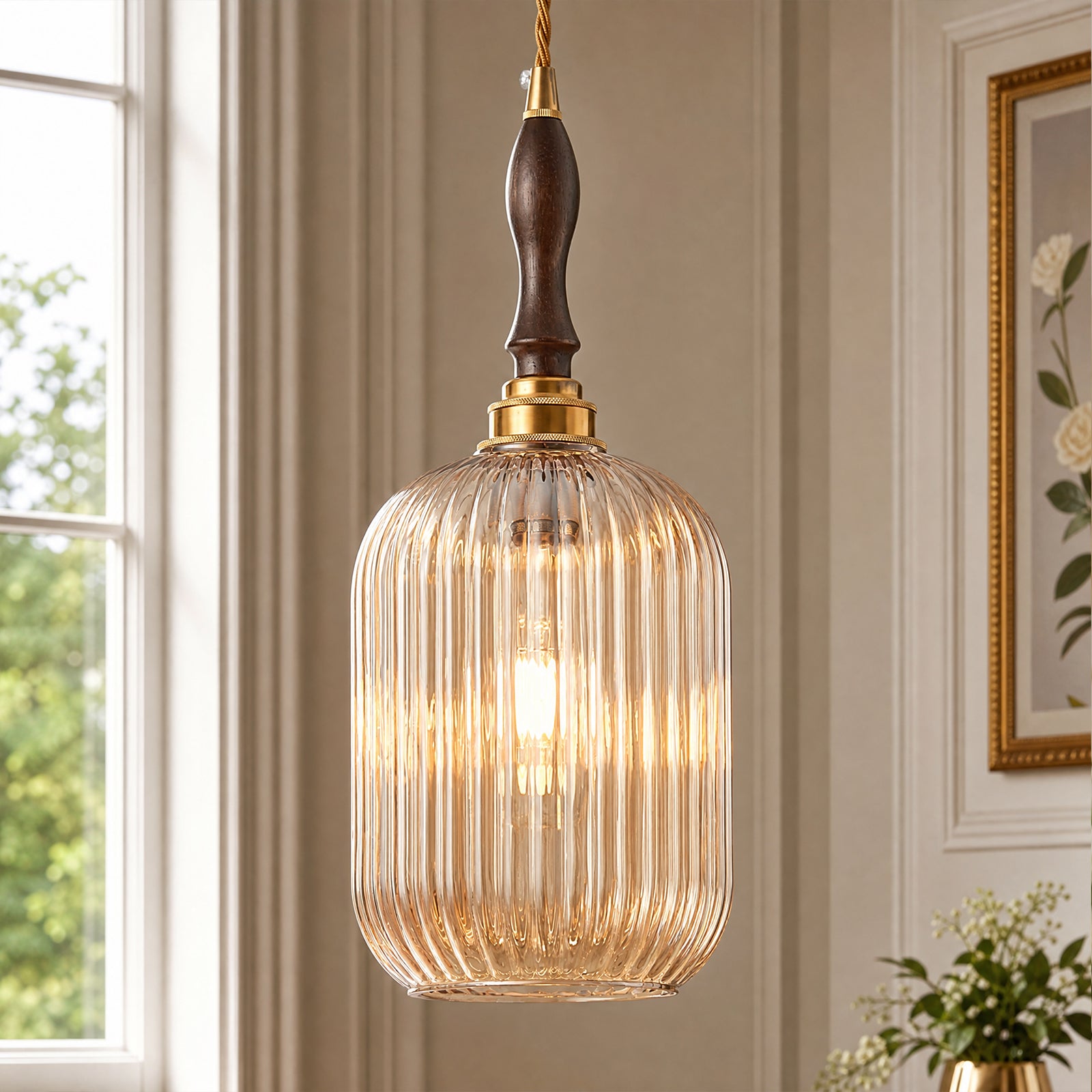 Retro Vertical Fluted Glass Hanging Pendant Light with Wood and Brass Details