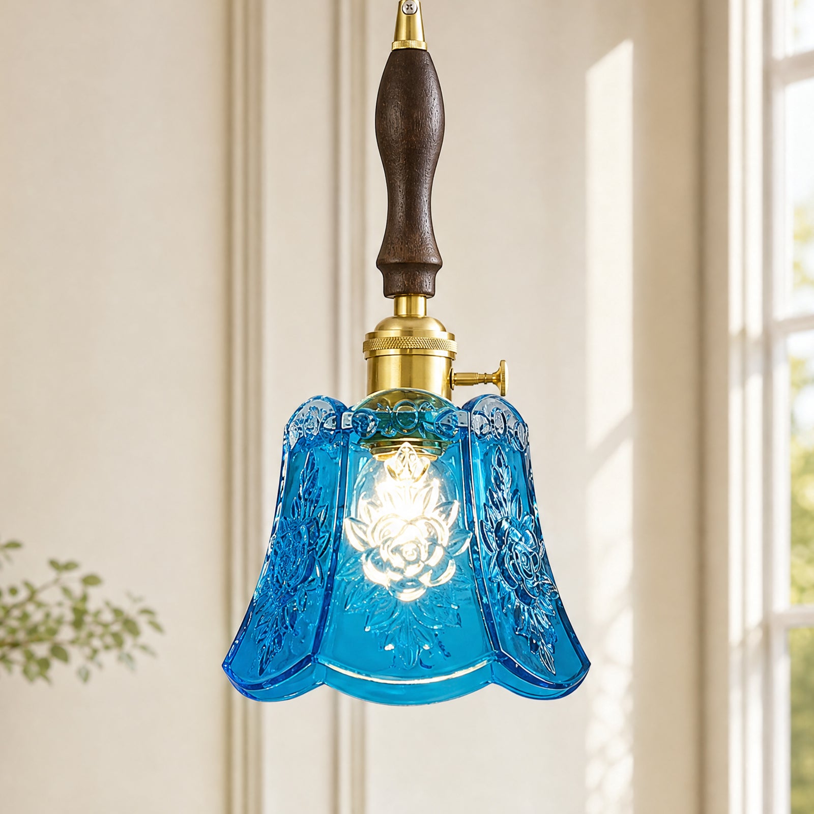 French Country Embossed Rose Floral Glass Pendant Light