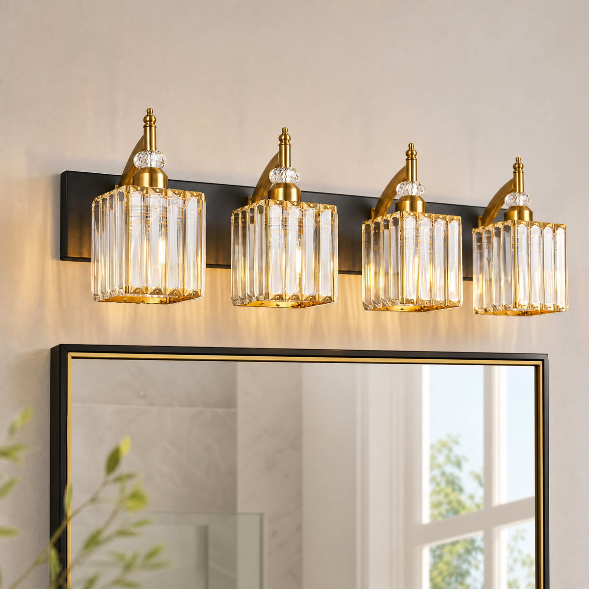 Transitional Luxury Square Prism Fluted Crystal Bathroom Vanity Light