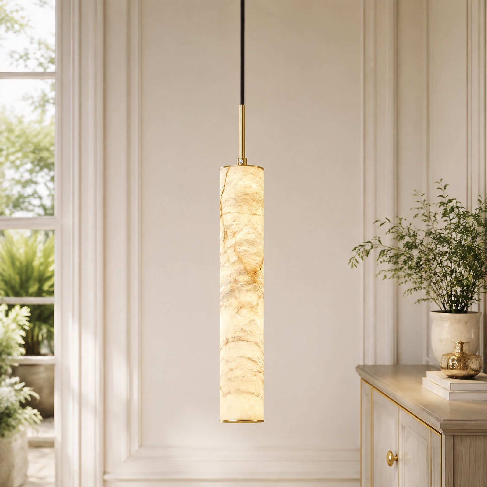 Natural Alabaster Marble Long Tube LED Pendant Light