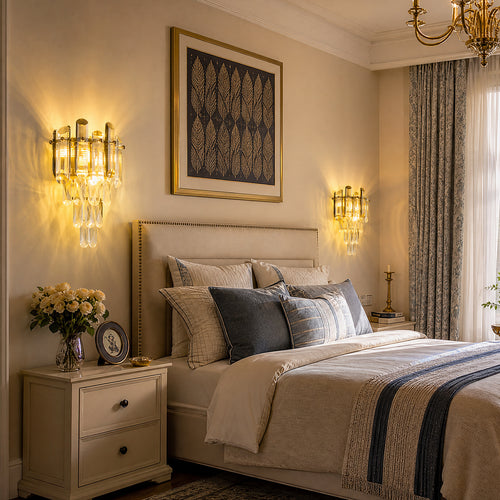 Contemporary Luxury Multi-Layer Prism Crystal Gold Wall Sconce Set of Two