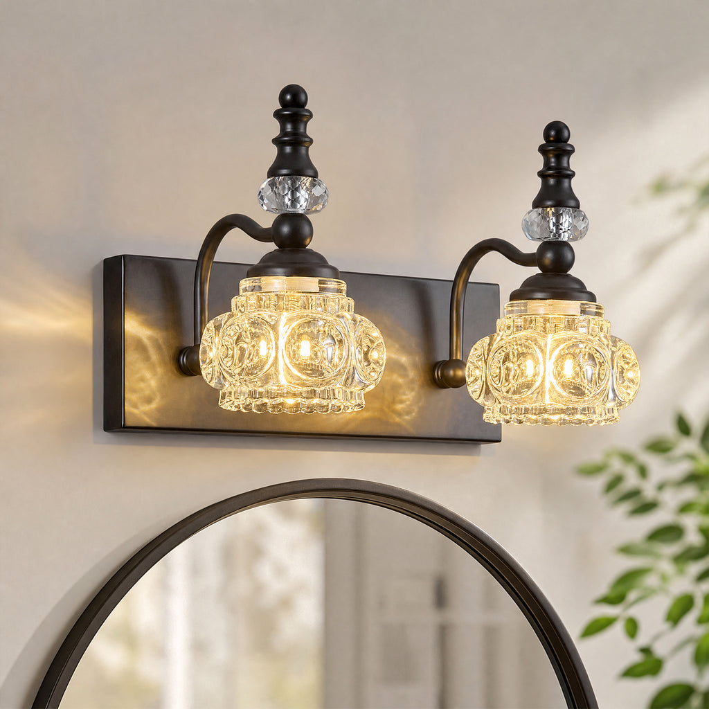 Vintage Embossed Textured Glass Curved Metal Arm Bathroom Vanity Light