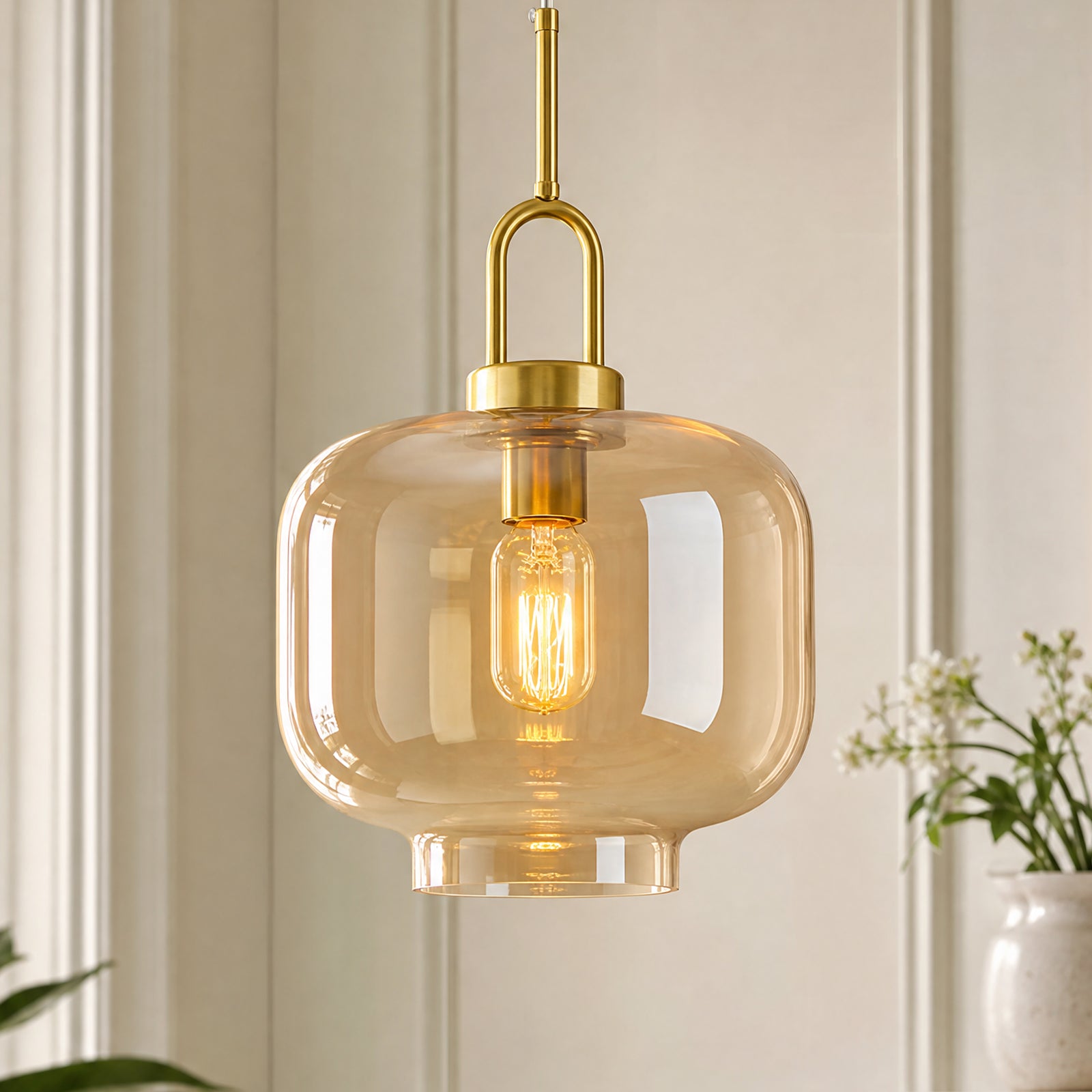 Minimalist Oval Shaped Glass Pendant Light with U-shaped Brass Handle