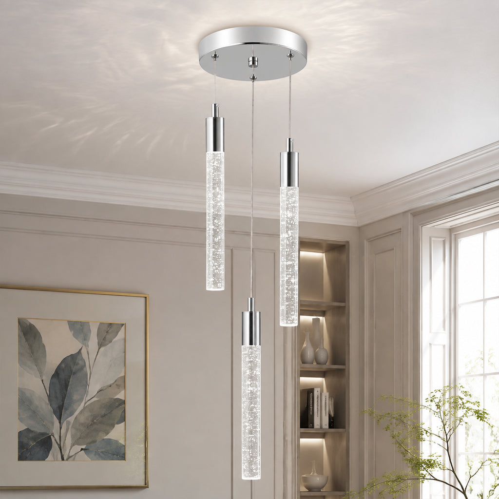 Modern Cylinder Bubble Linear Hanging Crystal LED Pendant Light