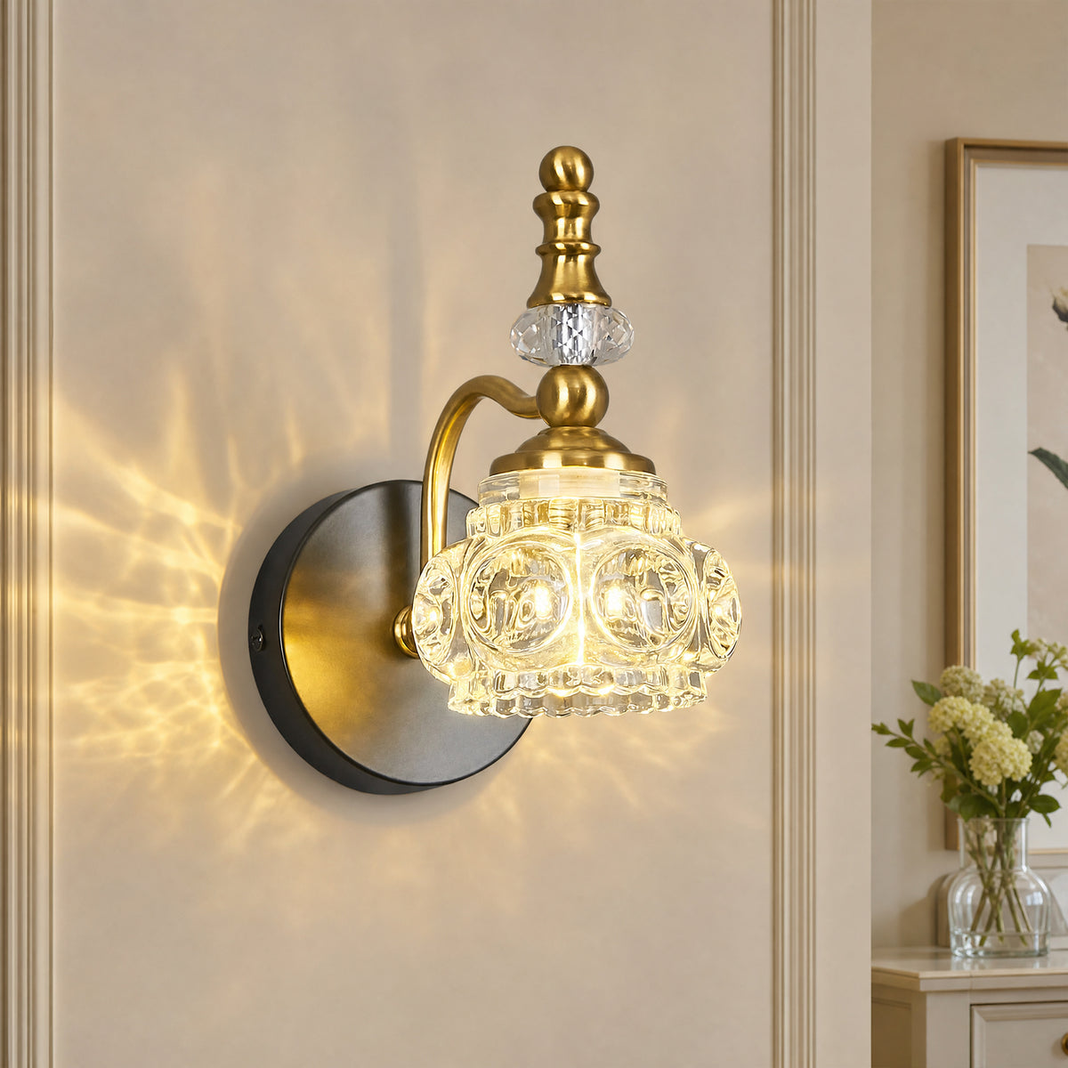 Vintage Embossed Textured Glass Curved Metal Arm Bathroom Vanity Light